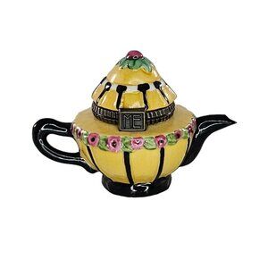 Mary Engelbreit Mini Yellow Teapot Shaped Trinket Box Floral Hinged Lid Enesco